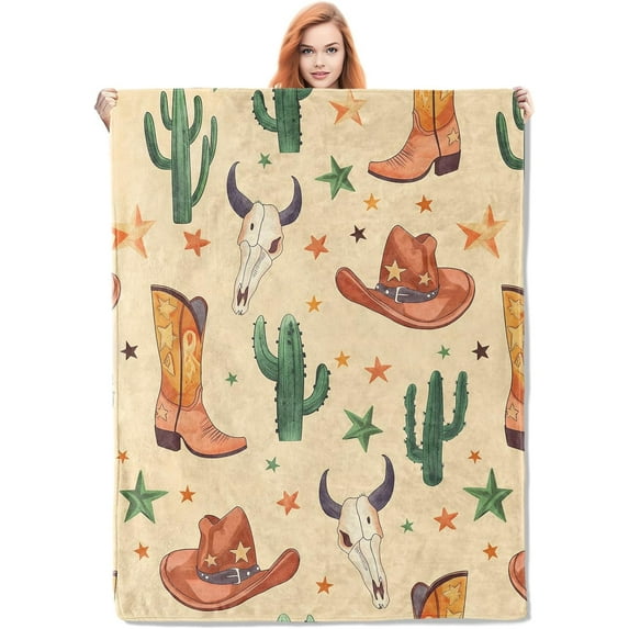 Western Cowboy Fleece Blanket Gifts for Adults and Kids, Country Style Cozy Throw Blanket, Soft Warm Plush Blanket with Cactus and Cowboy Hat Design for Home Decor, 50x60 inches