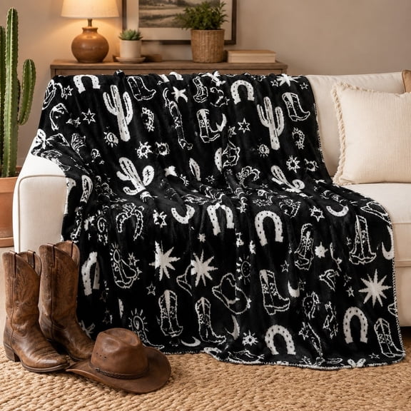 Western Cowboy Fleece Throw Blanket – Boots Cactus Horseshoe Print, Soft 280GSM, 4 Sizes