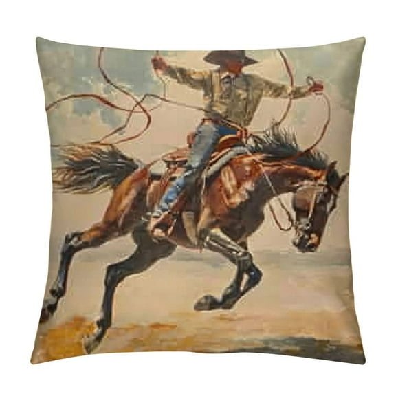 Western Cowboy Fly Cap Throw Pillow Covers  Inch Tame Horse Sand Desert Ride Vivid Oil Painting Running Animal Whip Velvet Pillowcases Rustic Couch Sofa Decoration Pillow Cover