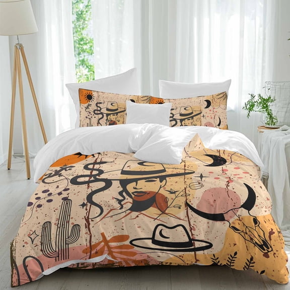 Western Cowboy Full Size Comforter Set, Cactus Cowgirl Animal Leaf Sun Boho Bedding for All Seasons, 4 Pcs Bed Set, 1Quiltcover (86"x86") ,1Sheet(80"x116"), 2Pillowcases (30"x20")