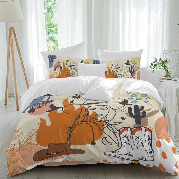 Western Cowboy Full Size Comforter Set, Cowgirl Cactus Animal Leaf Boho Vintage Bedding for All Seasons, 4 Pcs Bed Set, 1Quiltcover (86"x86") ,1Sheet(80"x116"), 2Pillowcases (30"x20")