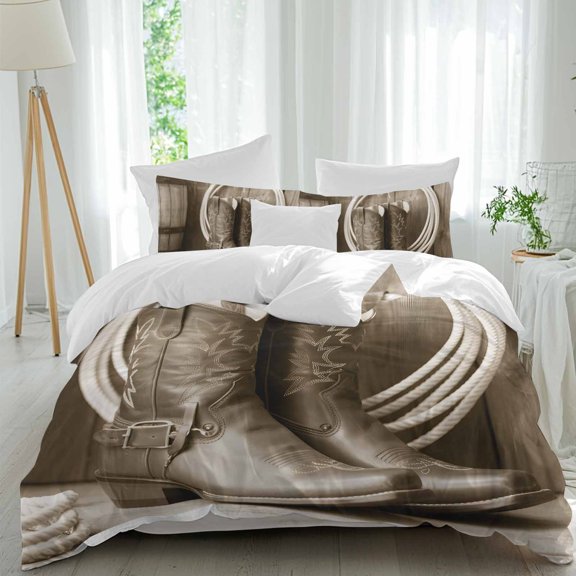 Western Cowboy Full Size Comforter Set, Vintage Countryside Cowboy Boots Ropes Bedding for All Seasons, 4 Pcs Bed Set, 1Quiltcover (86"x86") ,1Sheet(80"x116"), 2Pillowcases (30"x20")