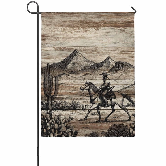 Western Cowboy Garden Flag 12 x 18 Inches, Vintage Desert Cactus Horse Hills Brown Wood Grain Weather Proof Outdoor Patio Flags Double Sided Small Garden Decoration for Yard Outside Home