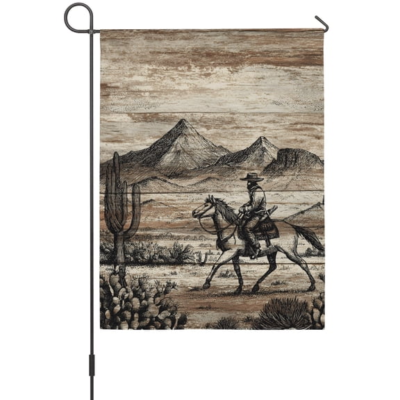 Western Cowboy Garden Flags For Outdoor, Vintage Desert Cactus Horse Hills Brown Wood Grain Small Double Side Yard Flags Weather Proof Garden Decor for Lawn Outside Holiday 12 x 18 Inches
