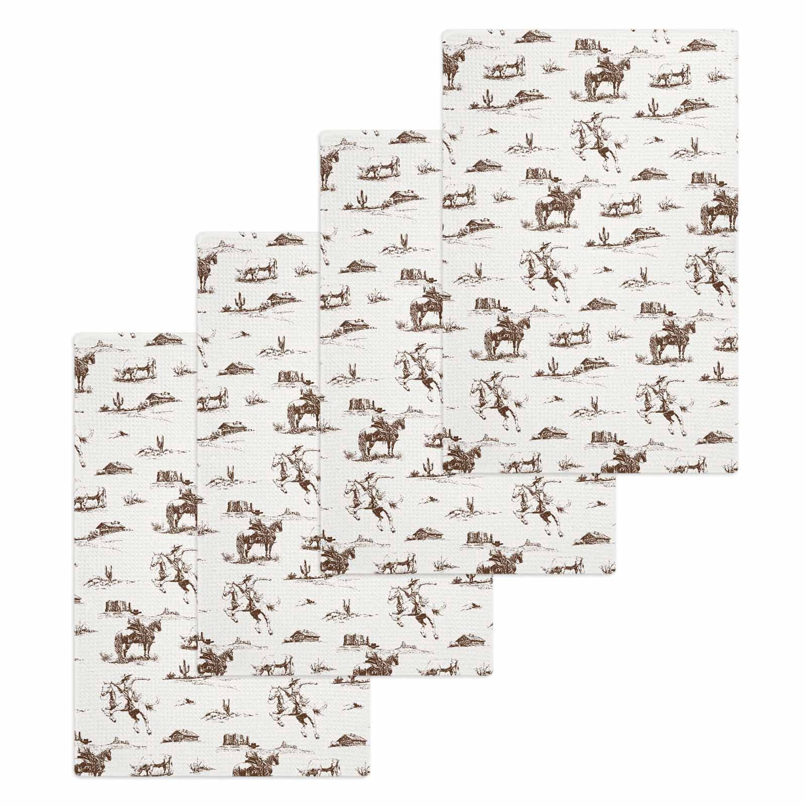Western Cowboy Hand Towels Set,Waffle Weave Kitchen Towels 4 Pieces,Retro Desert Cactus Country Cowboy Brown Microfiber Hair Face Bath Tea Towel Absorbent Cleaning Dish Cloths,15.7"x23.6"