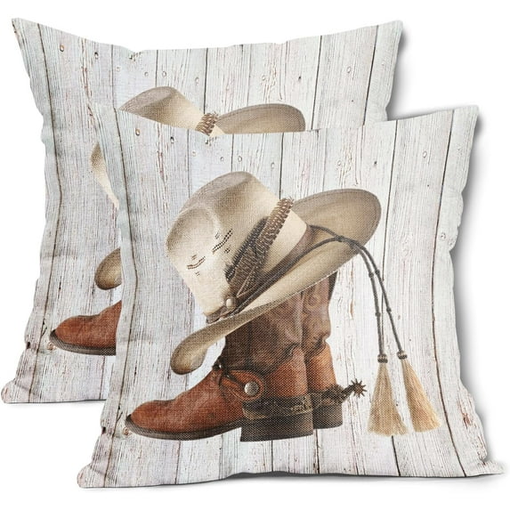 Western Cowboy Hat Boots Pillow Covers 16x16 Inch Farmhouse Rustic Grey Wooden Cotton Linen Decorative Throw Pillow Case Cushion Cover Set of 2 for Bedroom Sofa Living Room Couch Chair