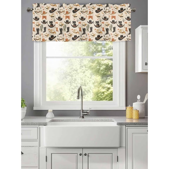 Western Cowboy Hat Boots Valances for Windows,Kitchen Valance Rod Pocket Short Curtain,Country Vintage Art Valance Curtain Window Valances for Bedroom Living Room 42x12in