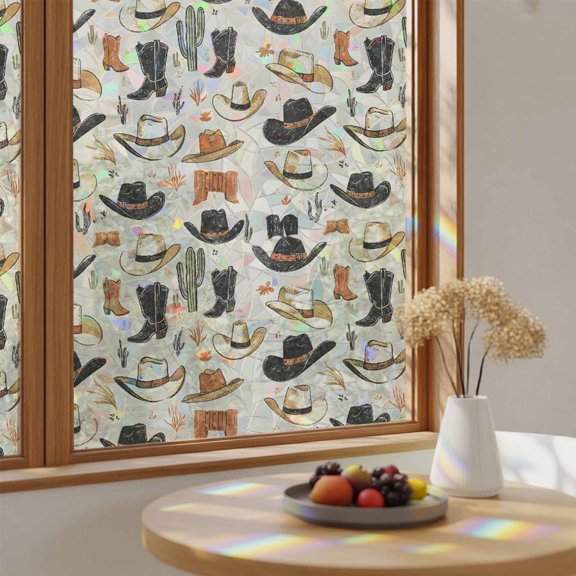 Western Cowboy Hat Boots Window Privacy Film,Heat Control Sun Blocking Static Cling Rainbow Film,Country Vintage Art Non-Adhesive Glass Sticker Door Window Tint,17.7" x 39.3"