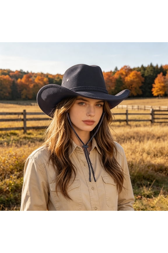 Western Cowboy Hat Braided Rope Band Wide Brim Sun Hat With Windproof Chin Strap For Horse Riding Beach Travel(Black-58Cm)