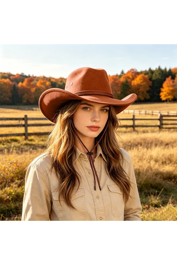 Western Cowboy Hat Braided Rope Band Wide Brim Sun Hat With Windproof Chin Strap For Horse Riding Beach Travel(Coffee-58Cm)