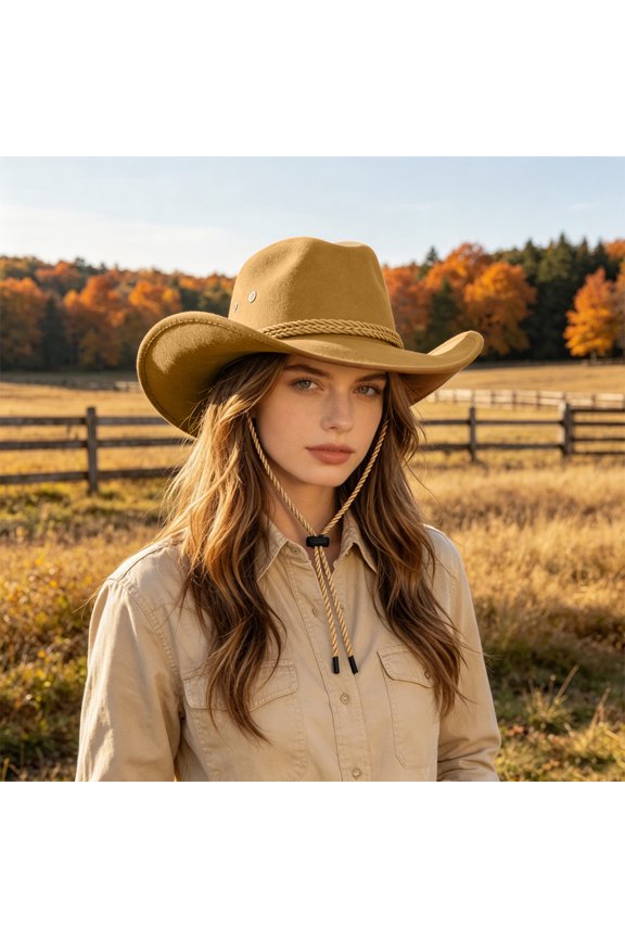 Western Cowboy Hat Braided Rope Band Wide Brim Sun Hat With Windproof Chin Strap For Horse Riding Beach Travel(Khaki-58Cm)