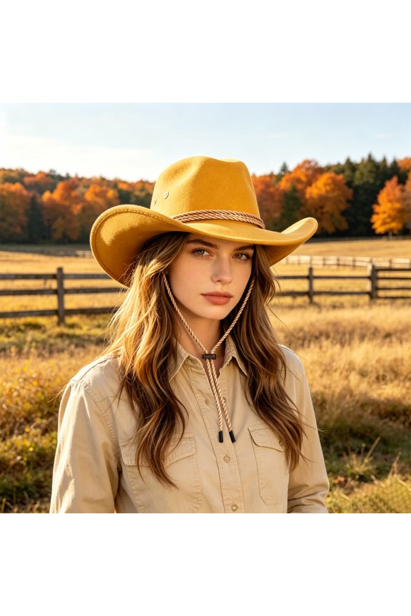 Western Cowboy Hat Braided Rope Band Wide Brim Sun Hat With Windproof Chin Strap For Horse Riding Beach Travel(Yellow-58Cm)
