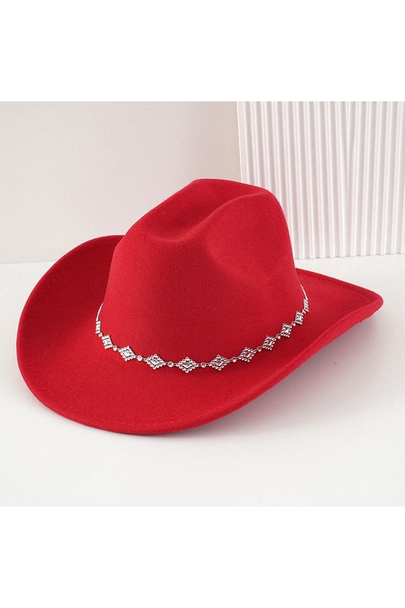 Western Cowboy Hat For Men And Women Bohemian Style Fedora With Rhinestone Embellishments Curved Brim Fashion Accessory Casual Red - One Size