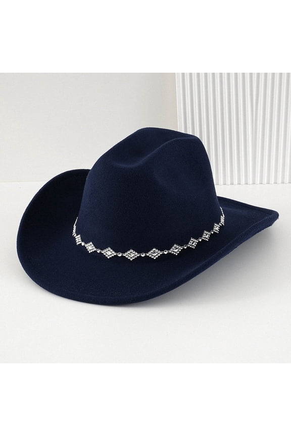 Western Cowboy Hat For Men And Women Bohemian Style Fedora With Rhinestone Embellishments Curved Brim Fashion Accessory Cozy Navy - One Size