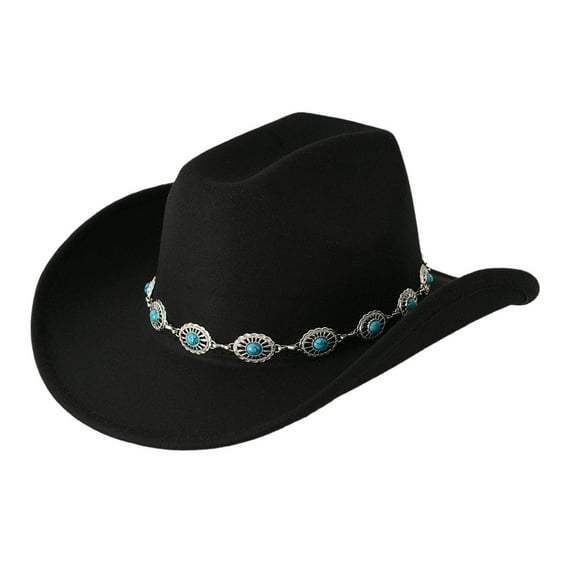 Western Cowboy Hat For Men And Women Turquoise Bohemian Wide Brim Design Party Hat With Chain Fashionable Unisex Accessory