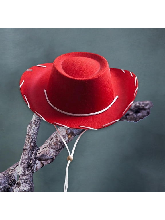 Western Cowboy Hat Jazz Hat Fedora Hat with Drawstring Rope for Performance Red