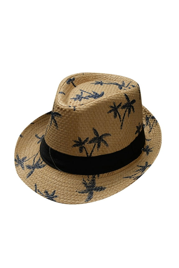 Western Cowboy Hat for Men Women BWASD Casual Wide Brim Straw Weave Panama Hat Sun Protection Coconut Tree Prints Beach Sun Hat for Vacation Travel Summer Brown
