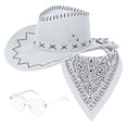 thumbnail image 1 of Western Cowboy Hat, Paisley Scarf and Heart Sunglasses 3 Piece Set, Bohemian Festival Outfit, Costume Accessories for Music Festival, Burning Man, Halloween and Theme Parties-White, 1 of 2