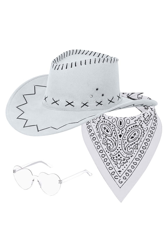 Western Cowboy Hat, Paisley Scarf and Heart Sunglasses 3 Piece Set, Bohemian Festival Outfit, Costume Accessories for Music Festival, Burning Man, Halloween and Theme Parties-White