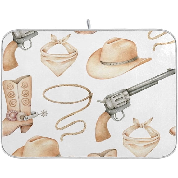 Western Cowboy Hat Print Dish Drying Mat for Kitchen Counter, Ultra Absorbent Reversible Microfiber Dishes Drying Rack Pad Heat-resistant Mats 18x24in