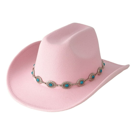 Western Cowboy Hat Unisex Turquoise Bohemian Wide Brim Design Fashion Accessory Party Hat with Chain for Men and Women