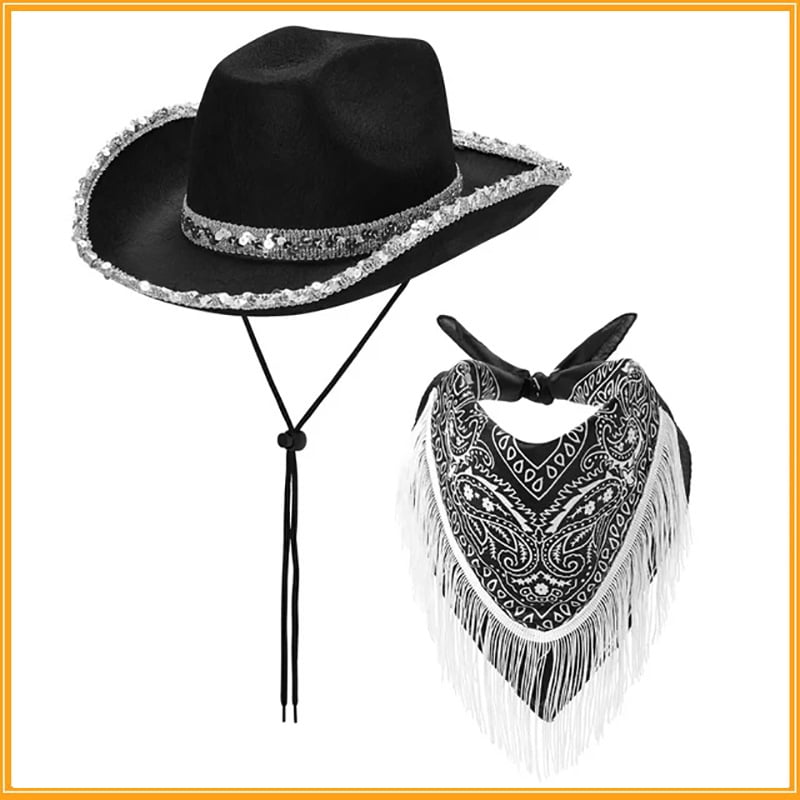 Western Cowboy Hat and Bandana Set Wide Brim with Sequins  display picture 2