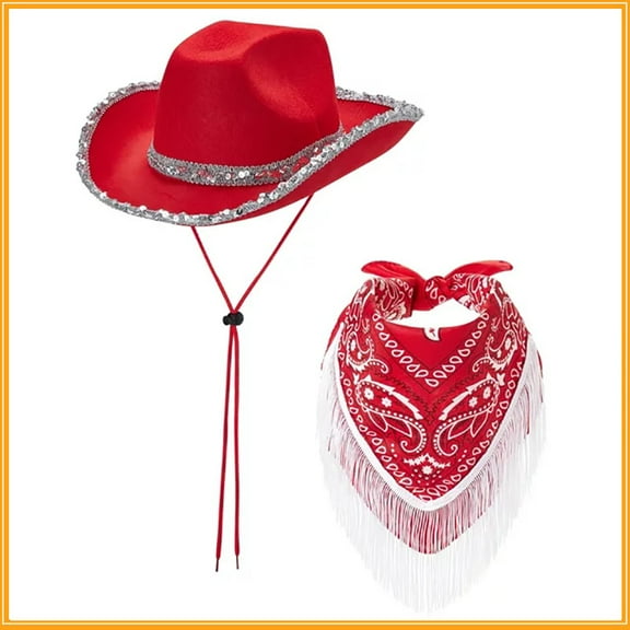 Western Cowboy Hat and Bandana Set Wide Brim with Sequins Cowgirl Hats & Tassel Scarf for Cosplay Party Dress Up
