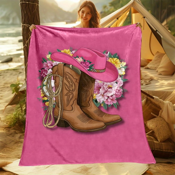 Western Cowboy Hat and High Heel Boot Print Flannel Throw Blanket - Polyester, Reversible, Digital Printing, Soft and Durable, All-Season Comfort