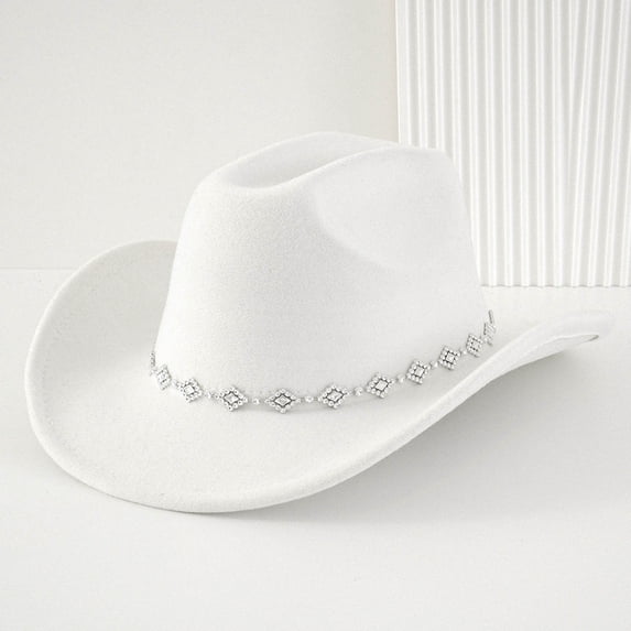 Western Cowboy Hat for Men Women Rhinestone Fedora with Curved Brim Bohemian Style Fashion Accessory, White