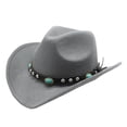 thumbnail image 1 of Western Cowboy Hat for Men Women Roll Up Brim Felt Cowgirl Sombrero Caps Ethnic Style Rivets Jazz Hat with Turquoise Leather Belt Gray One Size, 1 of 5