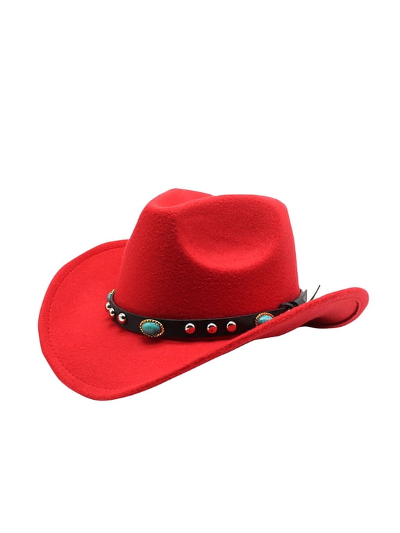Western Cowboy Hat for Men Women Roll Up Brim Felt Cowgirl Sombrero Caps Ethnic Style Rivets Jazz Hat with Turquoise Leather Belt Red One Size