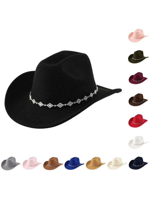 Western Cowboy Hat for Women Men Rhinestone Fedora with Curved Brim Bohemian Style Fashion Outdoor Accessory