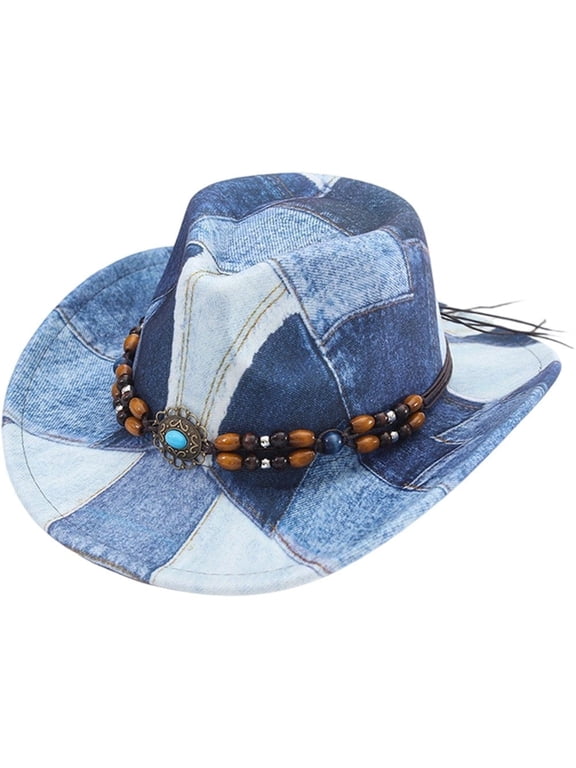 Western Cowboy Hat for Women Men, Tie Dye Patchwork Denim Hat Wide Brim Bucket Hat Vintage Jazz Hat for Party Accessory