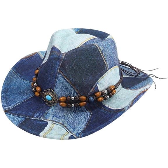 Western Cowboy Hat for Women Men, Tie Dye Patchwork Denim Hat Wide Brim Bucket Hat Vintage Jazz Hat for Stylish Party Accessory