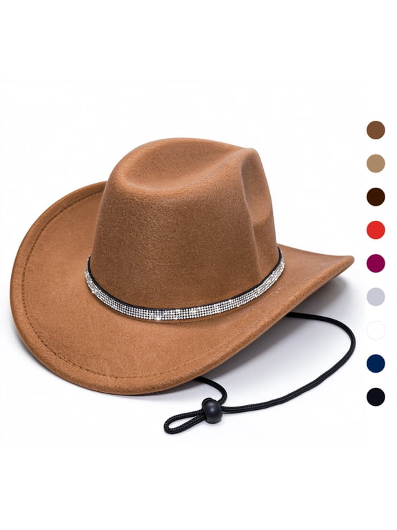 Western Cowboy Hat for Women Men,Wide Brim Rhinestone Cowgirl Hat Glitter Felt Fedora Country Party Rodeo Costume Accessory