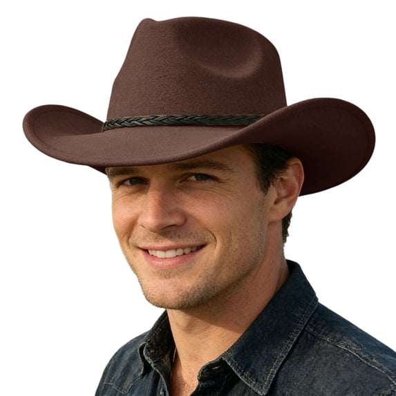 Western Cowboy Hat with Braided Band, Adult Wide Brim Fedora, Stylish Outdoor Ranch Headwear