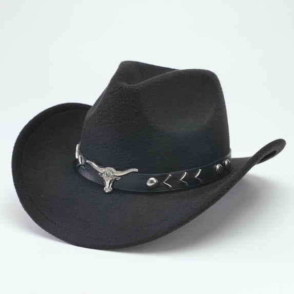 Western Cowboy Hat with Bull Head Ornament Ethnic Style Wool Felt Fedora for Men and Women Rolled Brim Jazz Hat Vintage Outback Cattleman Hat