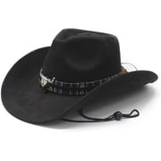 Western Cowboy Hat with Bull Skull Band and Chin Strap, Black