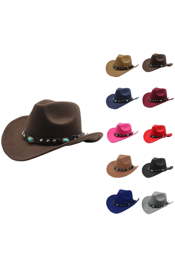 Western Cowboy Hat with Turquoise Rivets - Unisex Felt Jazz Fedora for Fall/Winter, Wide Brim Ethnic Style Hat for Outdoor Activities Red