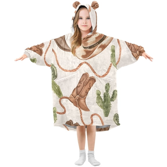 Western Cowboy Hats Ropes Boots Cactus Flannel Wearable Blankets Hooded Design Long Sleeves Wrap Unisex for 3T-14Y L