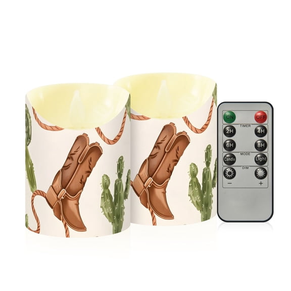 Western Cowboy Hats Ropes Boots Cactus Flickering Flameless Candles with Remote Timer Battery Operated LED Tealight Set of 2 M