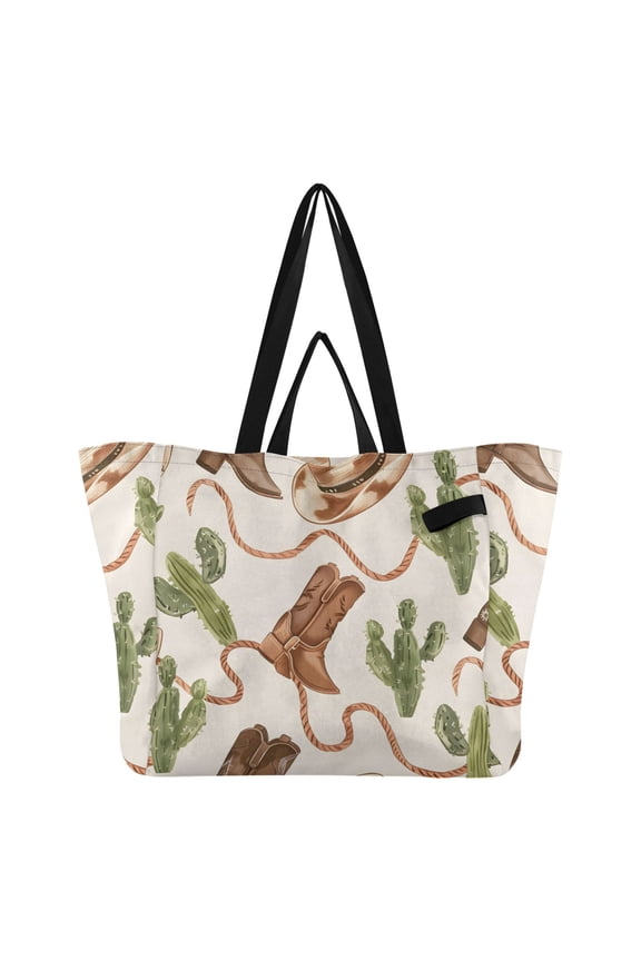Western Cowboy Hats Ropes Boots Cactus Foldable Canvas Tote Bags Reusable Grocery Bags Laundry Bags Beach Bag 32L