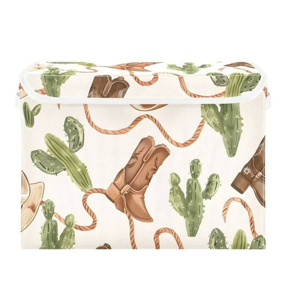 Western Cowboy Hats Ropes Boots Cactus Foldable Storage Bin with Lid and Handle Collapsible Storage Box 16.5 x 12.6 x 11.8 inches