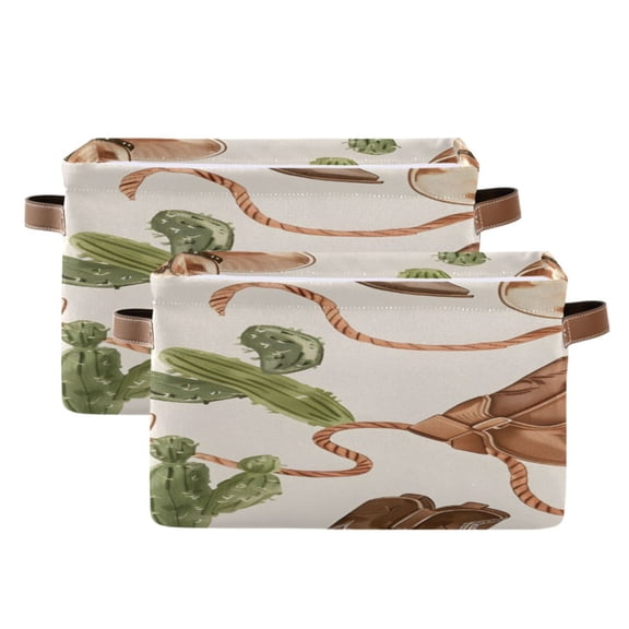Western Cowboy Hats Ropes Boots Cactus Square Storage Bins with Handles Collapsible Containing Box 2 Packs