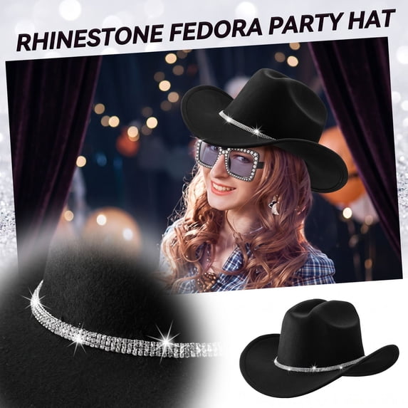 Western Cowboy Hats for Women Classic Felt Wide Brim Fedora Hat with Belt Buckle Retro Panama Hat Unisex Rolled up Cap Black One Size