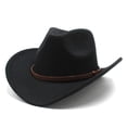 thumbnail image 1 of Western Cowboy Hats for Women Classic Felt Wide Brim Fedora Hat with Belt Buckle Retro Panama Hat Unisex Rolled up Cap Black, 1 of 4
