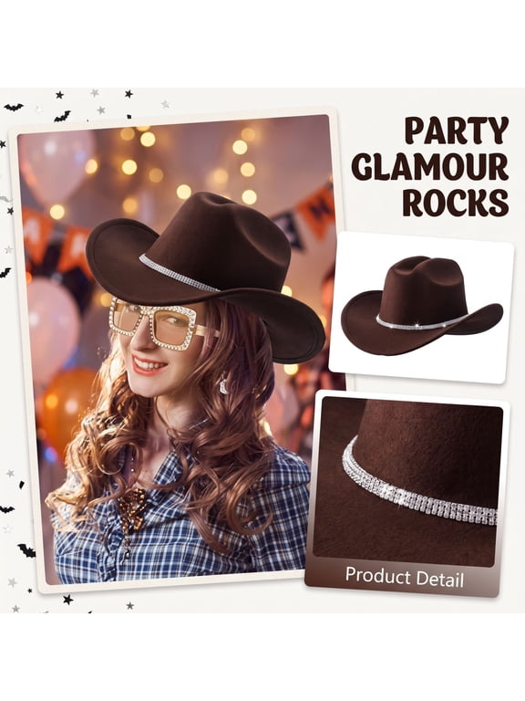 Western Cowboy Hats for Women Classic Felt Wide Brim Fedora Hat with Belt Buckle Retro Panama Hat Unisex Rolled up Cap Brown One Size