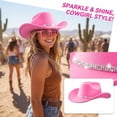 thumbnail image 1 of Western Cowboy Hats for Women Classic Felt Wide Brim Fedora Hat with Belt Buckle Retro Panama Hat Unisex Rolled up Cap Pink One Size, 1 of 5