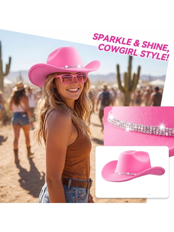 Western Cowboy Hats for Women Classic Felt Wide Brim Fedora Hat with Belt Buckle Retro Panama Hat Unisex Rolled up Cap Pink One Size