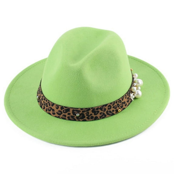 Western Cowboy Hats for Women Men Felt Wide Brim Panama Hat with Belt Buckle Vintage Fedora Hats Classic Trilby Hat with Pearl Leopard Band